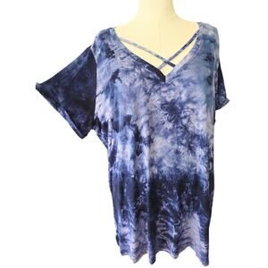 Boho Hippie Style Tie Dye Top 1X Blue Short Sleeve V Neck Plus Size NWT